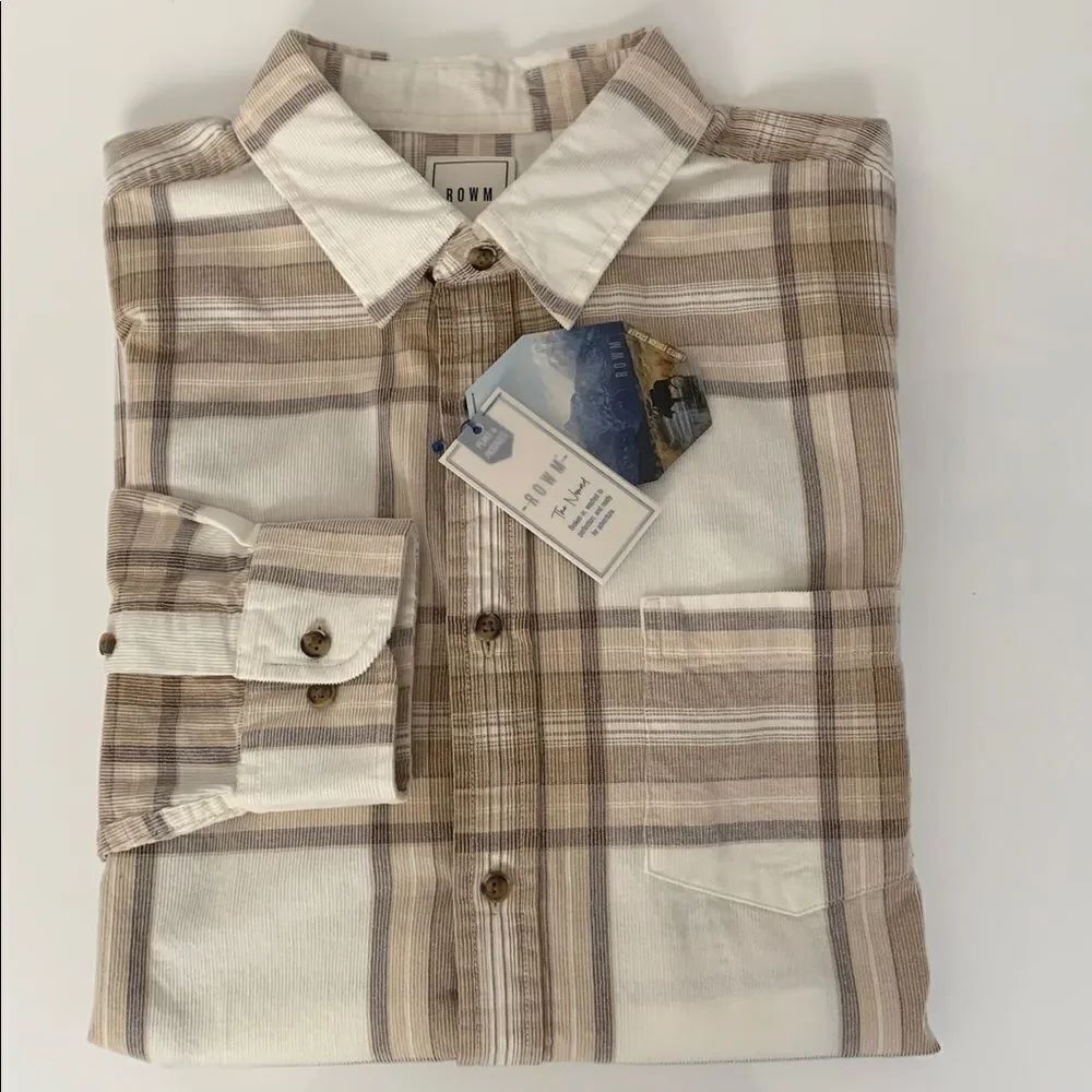 NWT Rowm Men's Tan /White Plaid Cotton Button Down Shirt Size L